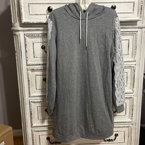 Gray Hooded Dress or Tunic L Long Sleeves, Lace down the Arms